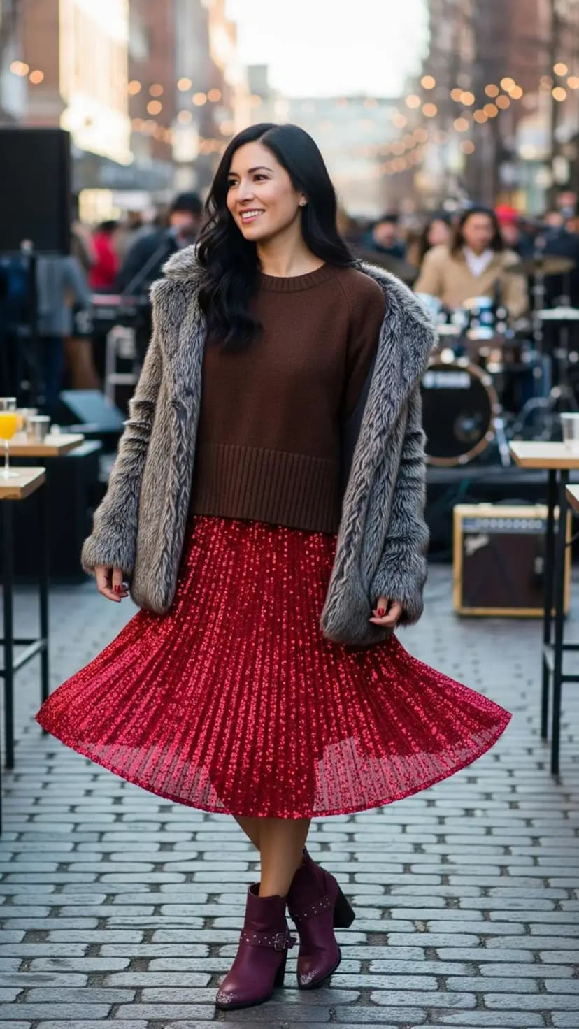 Gray Faux Fur Jacket + Brown Knit Sweater + Red Sequin Pleated Skirt + Burgundy Boots