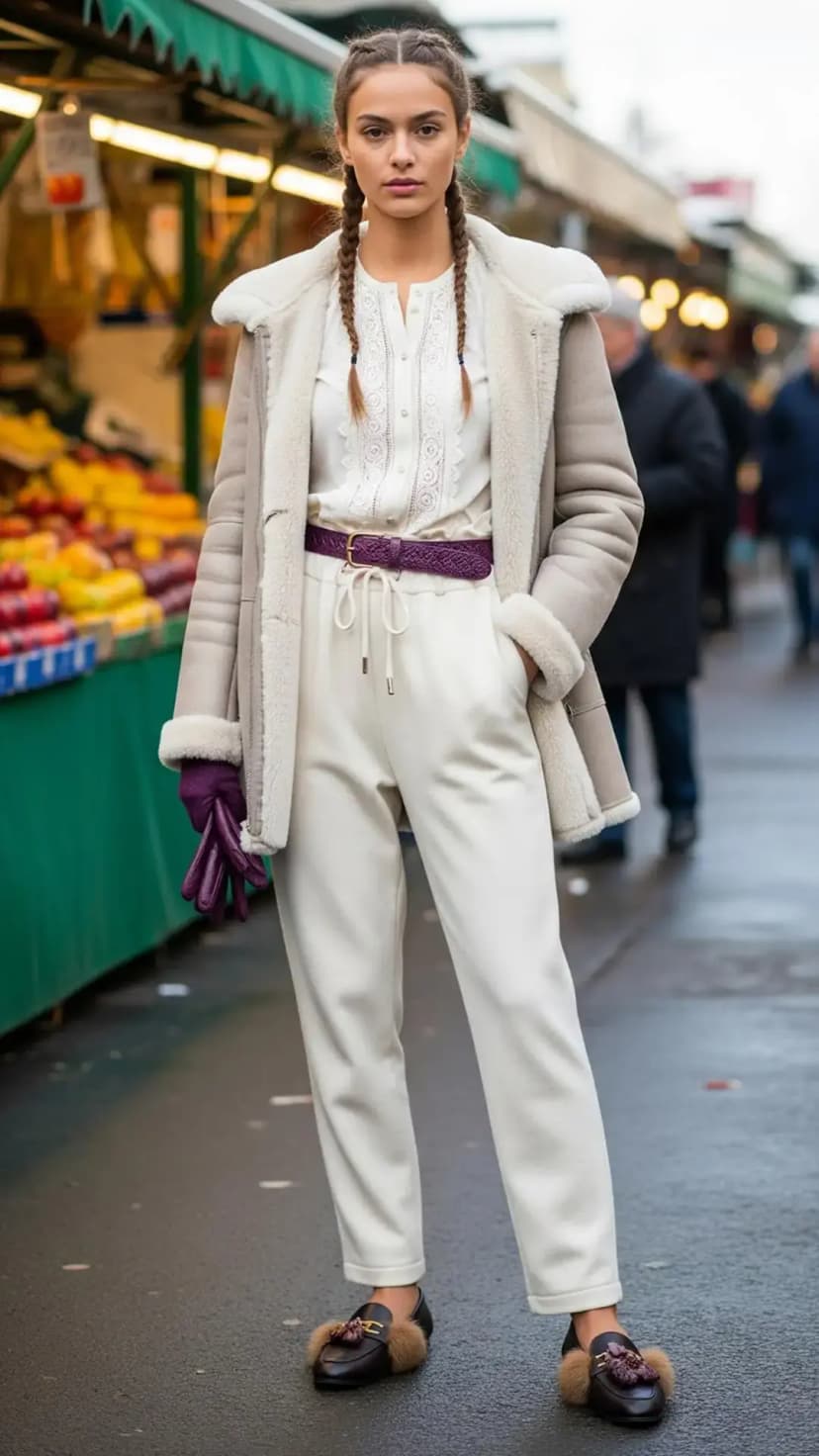 Cream Shearling Coat + White Lace Blouse + Ivory Drawstring Trousers + Purple Belt + Purple Gloves + Fur-Lined Loafers