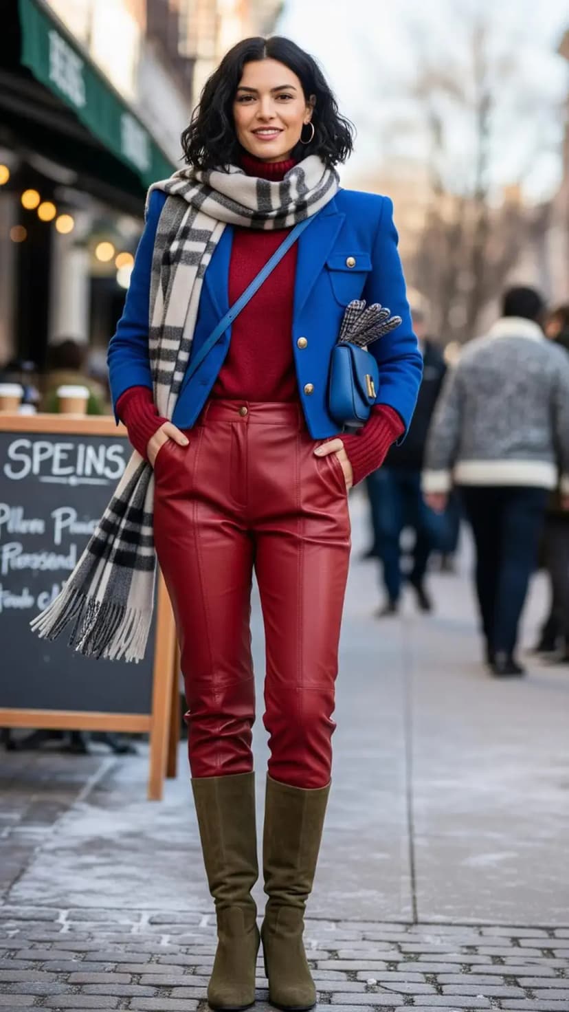 Blue Military Blazer + Red Turtleneck Sweater + Red Leather Pants + Olive Knee Boots + Plaid Scarf