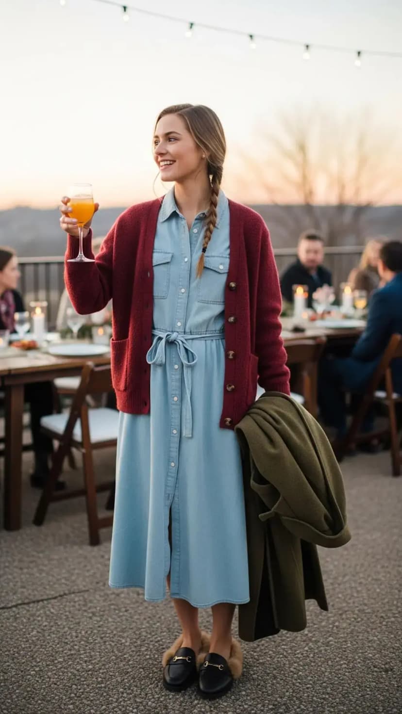 Burgundy Cardigan + Light Blue Denim Shirt Dress + Olive Coat + Fur-Lined Black Loafers