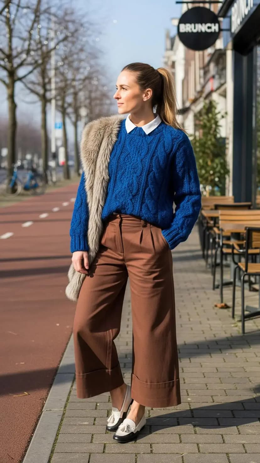 Faux Fur Stole + Blue Cable Knit Sweater + White Collar Shirt + Brown Wide-Leg Pants + Two-Tone Tassel Loafers