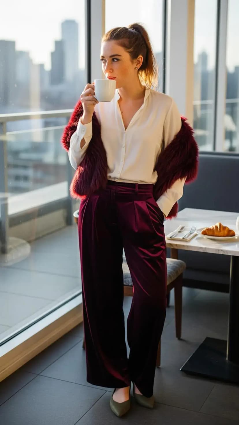 Burgundy Faux Fur Cape + White Button-Up Shirt + Burgundy Wide-Leg Pants + Olive Heels