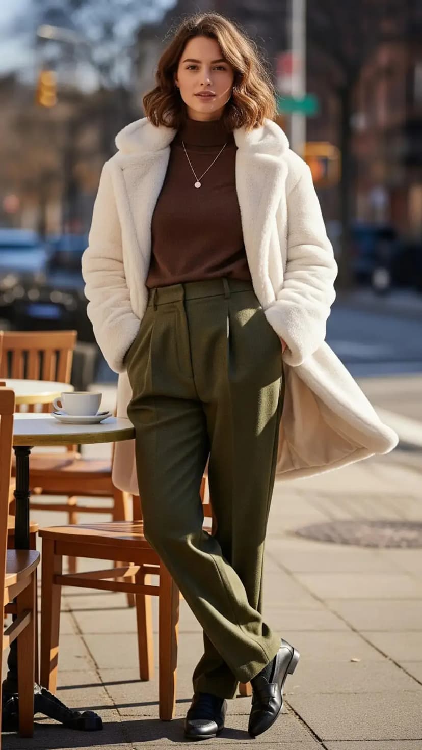 White Fur Coat + Brown Turtleneck + Olive Green Trousers + Black Loafers