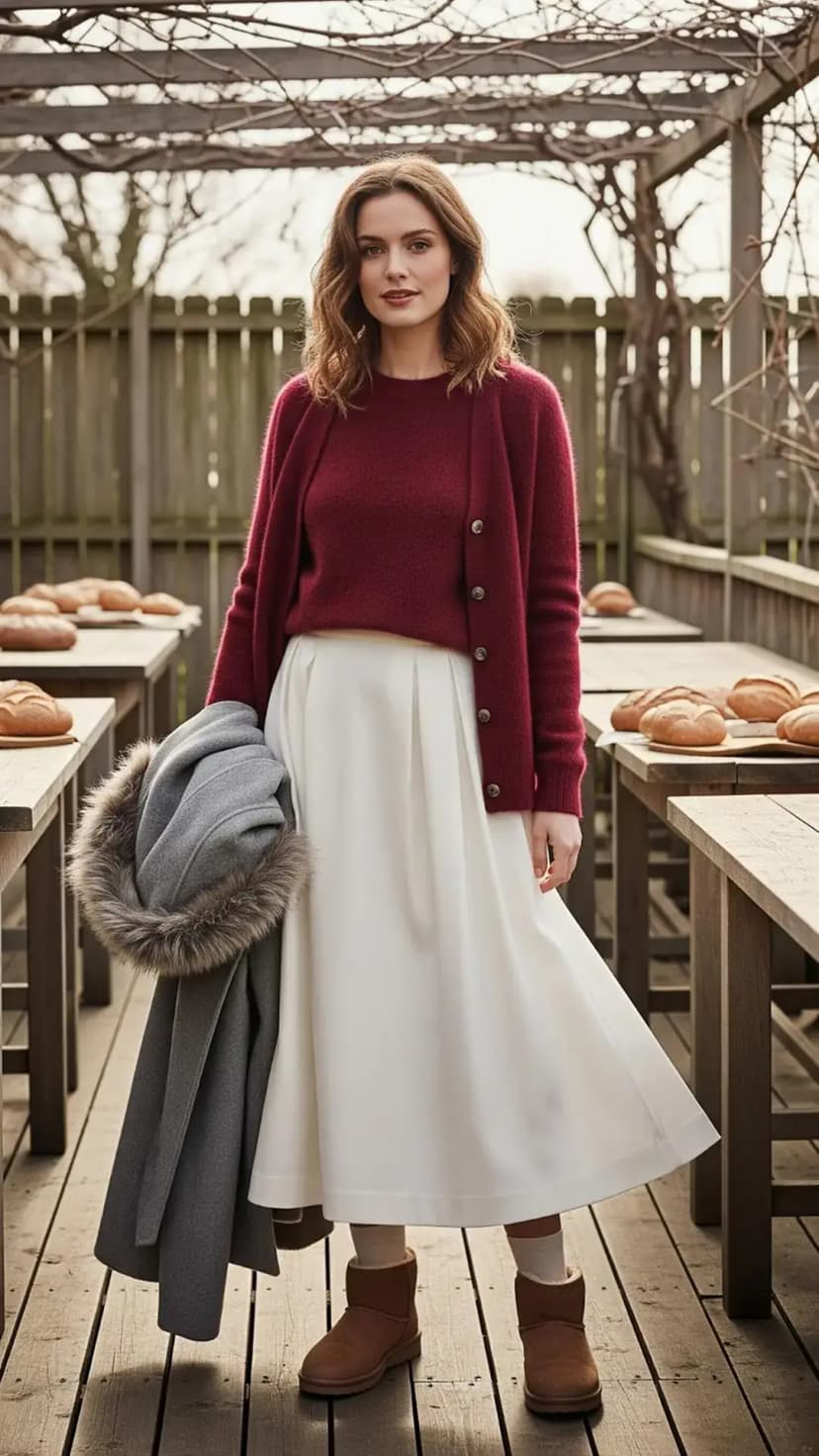 Burgundy Sweater + White Midi Skirt + Grey Fur-Trimmed Coat + Tan Winter Boots