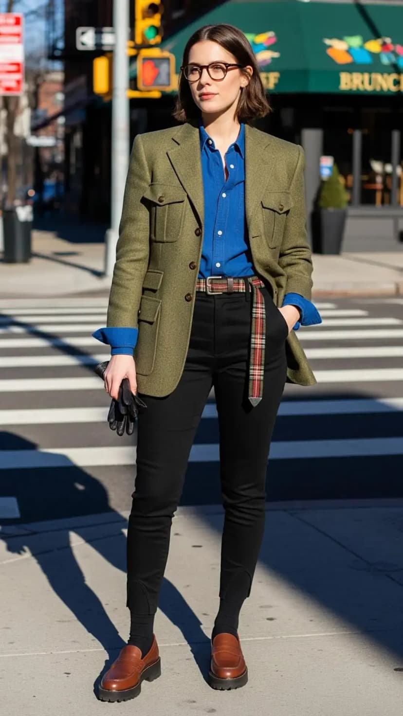 Olive Blazer + Blue Button Down + Black Skinny Pants + Brown Loafers + Checkered Belt