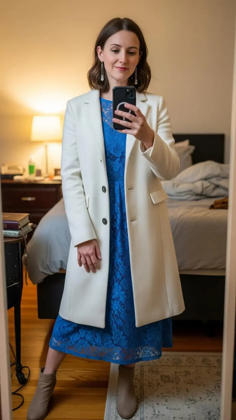 Blue Lace Dress + White Blazer + Taupe Boots