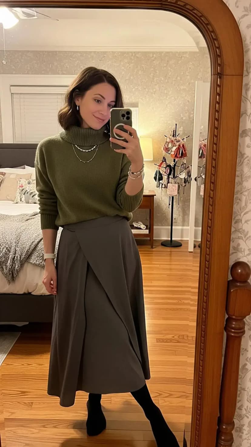 Olive Turtleneck Sweater + Grey Wrap Midi Skirt + Black Tights
