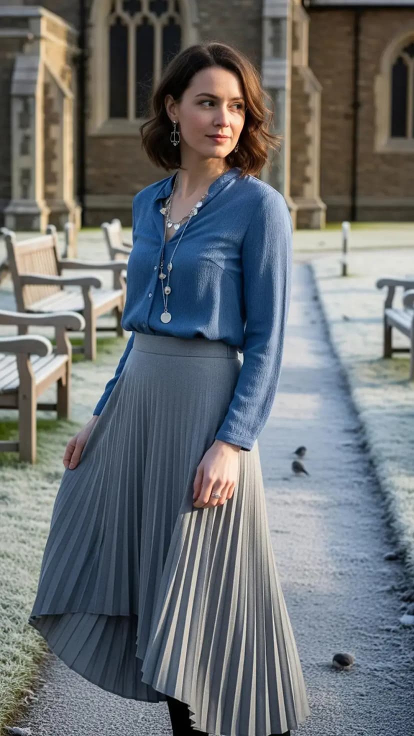 Blue Button-Up Top + Grey Asymmetrical Pleated Skirt + Layered Silver Jewelry