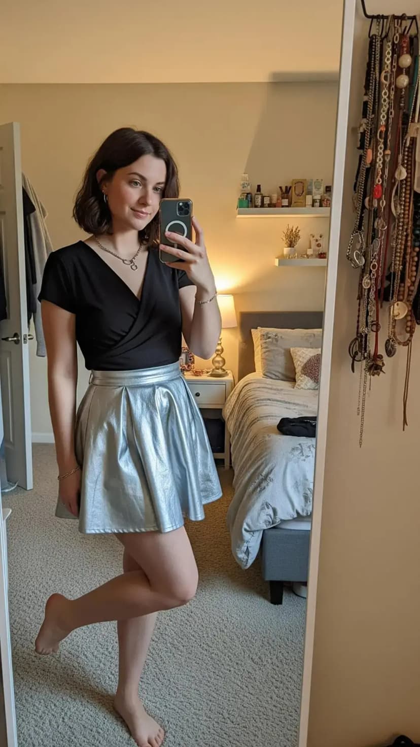 Black Wrap Top + Silver Metallic Skater Skirt