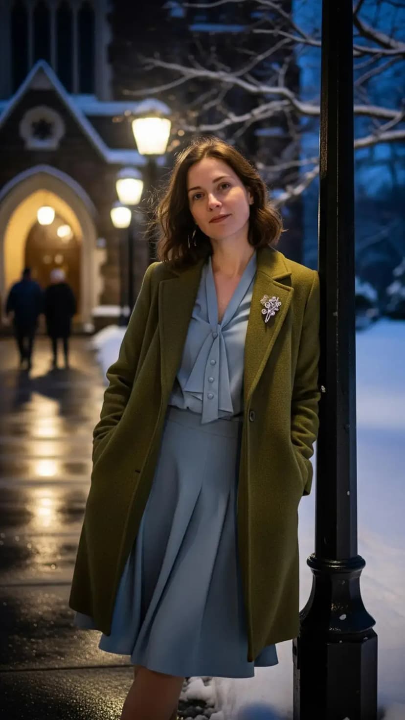 Dusty Blue Wrap Dress + Olive Coat + Statement Brooch