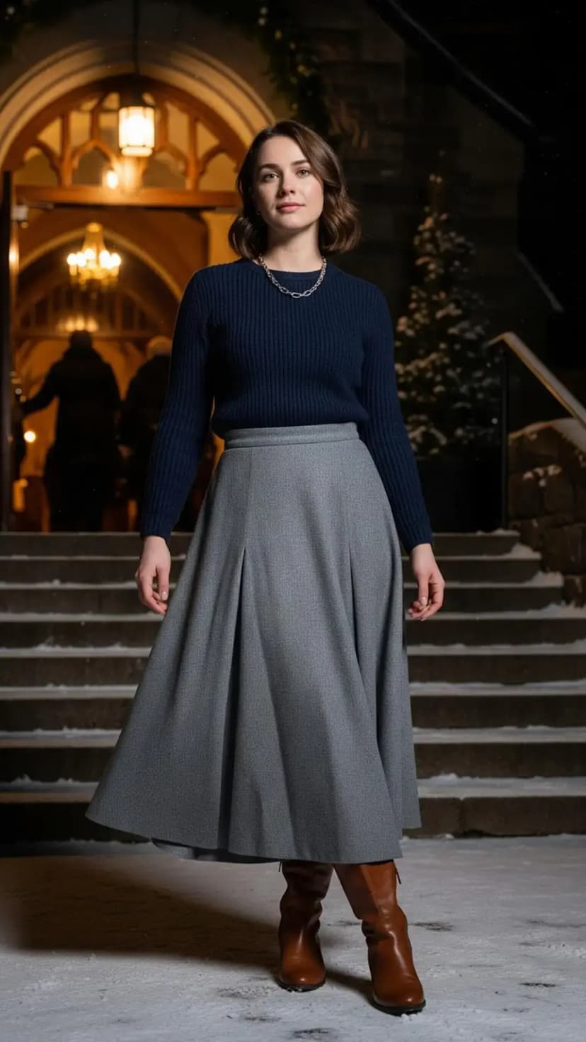 Navy Ribbed Sweater + Grey A-Line Midi Skirt + Tan Knee Boots