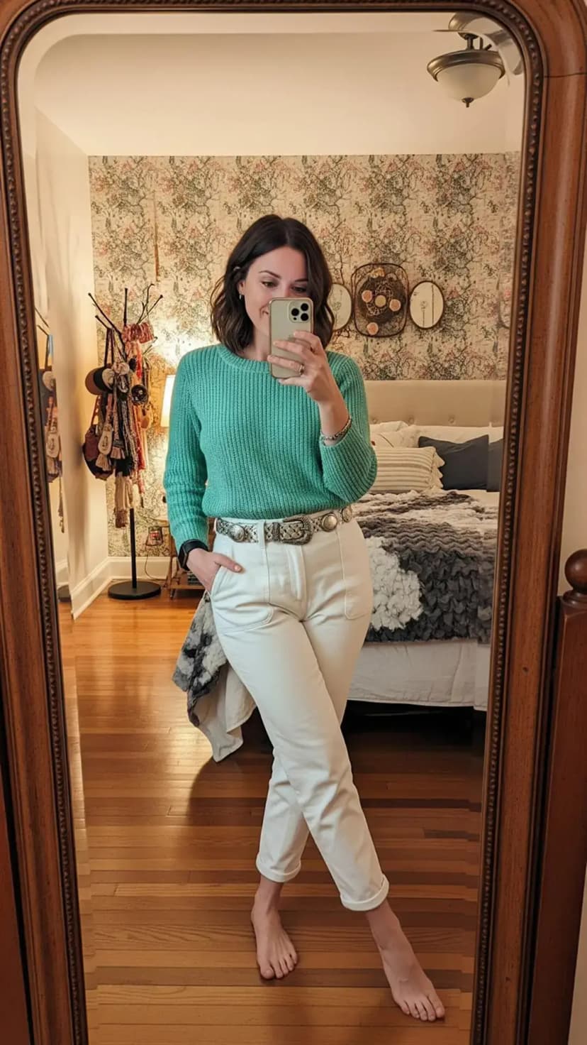 Sea Green Sweater + Cream Straight-Leg Pants + Western Belt