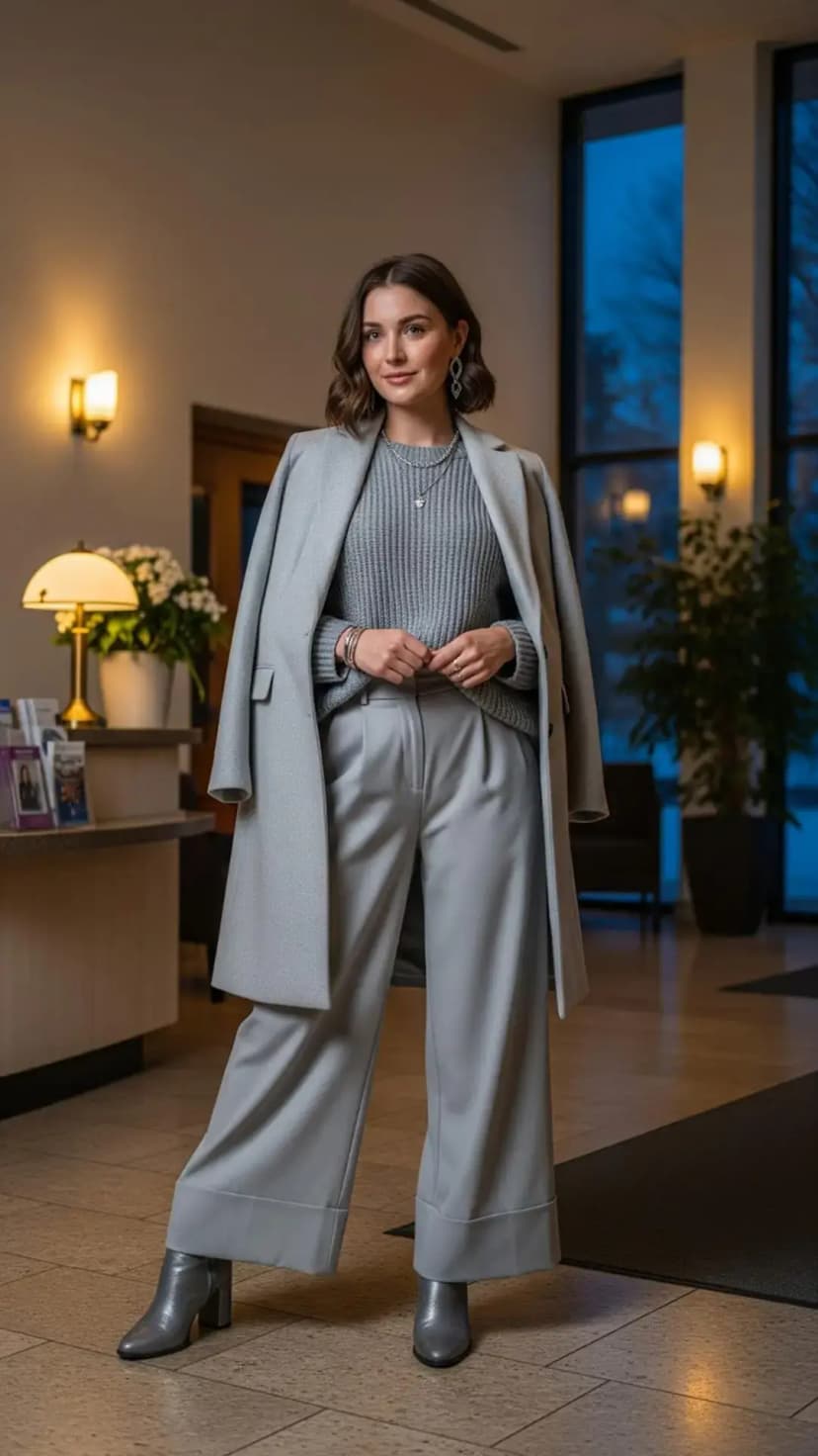 Grey Coat + Grey Knit Sweater + Wide-Leg Trousers + Silver Boots