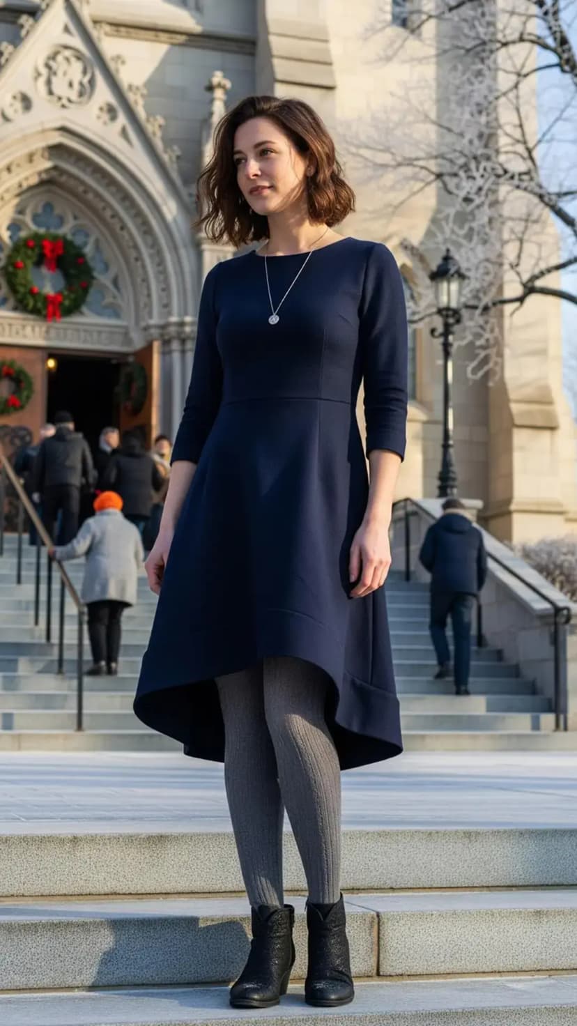 Navy Asymmetrical Dress + Gray Tights + Black Ankle Boots