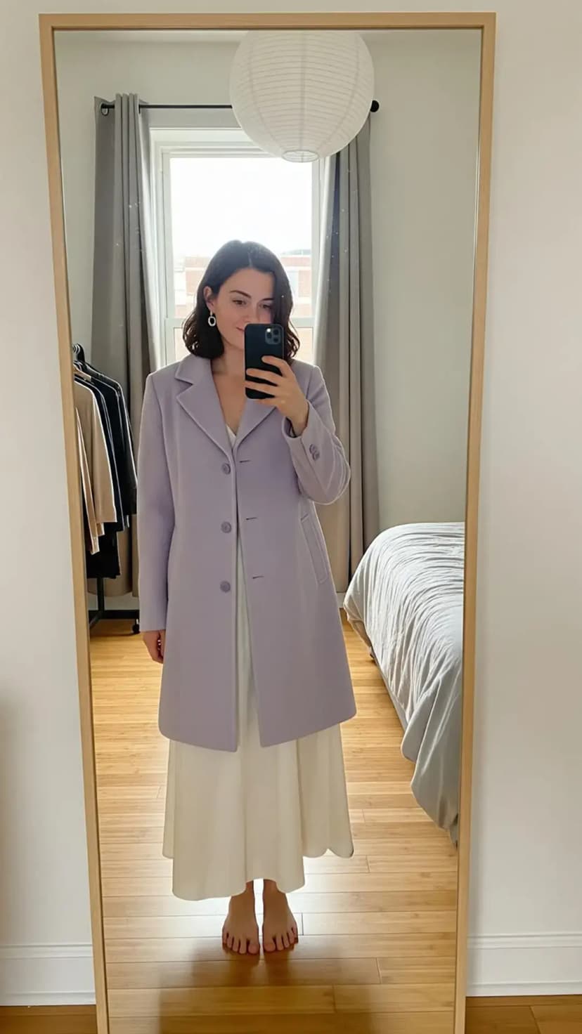 White Maxi Dress + Lavender Blazer Coat