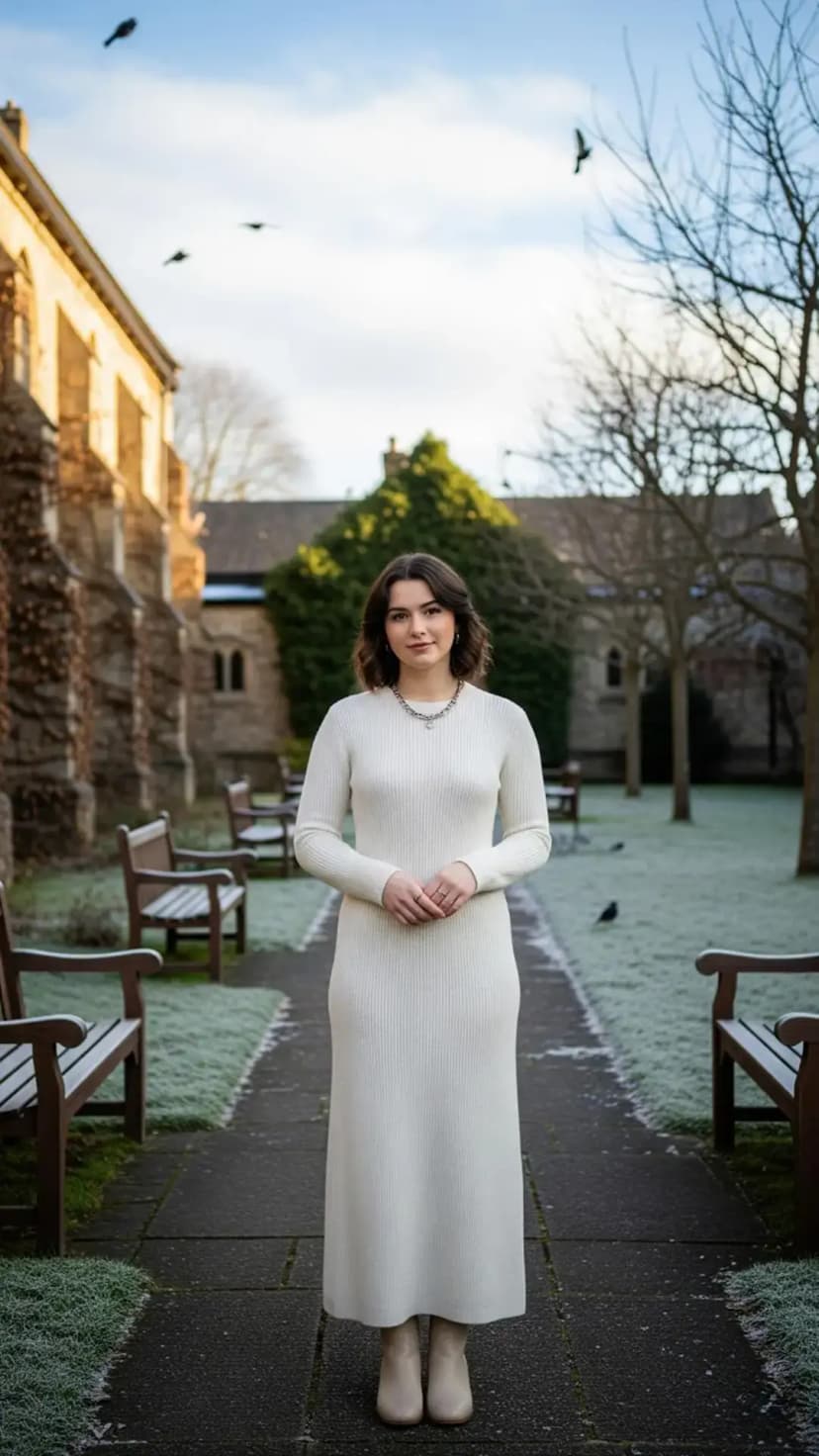 White Ribbed Sweater Dress + Nude Ankle Boots