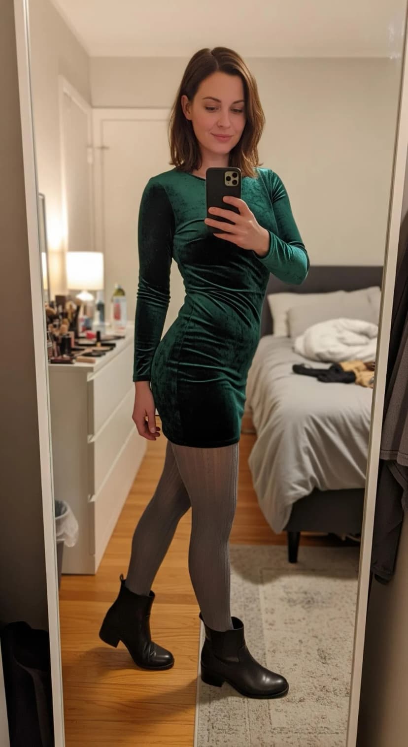 Emerald Velvet Mini Dress + Grey Ribbed Tights + Black Leather Ankle Boots