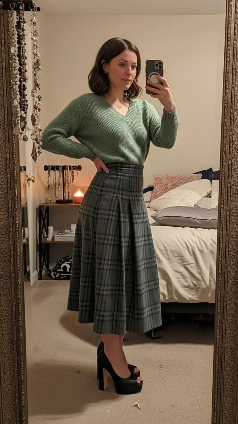 Seafoam V-Neck Sweater + Plaid Mini Skirt + Black Platform Heels