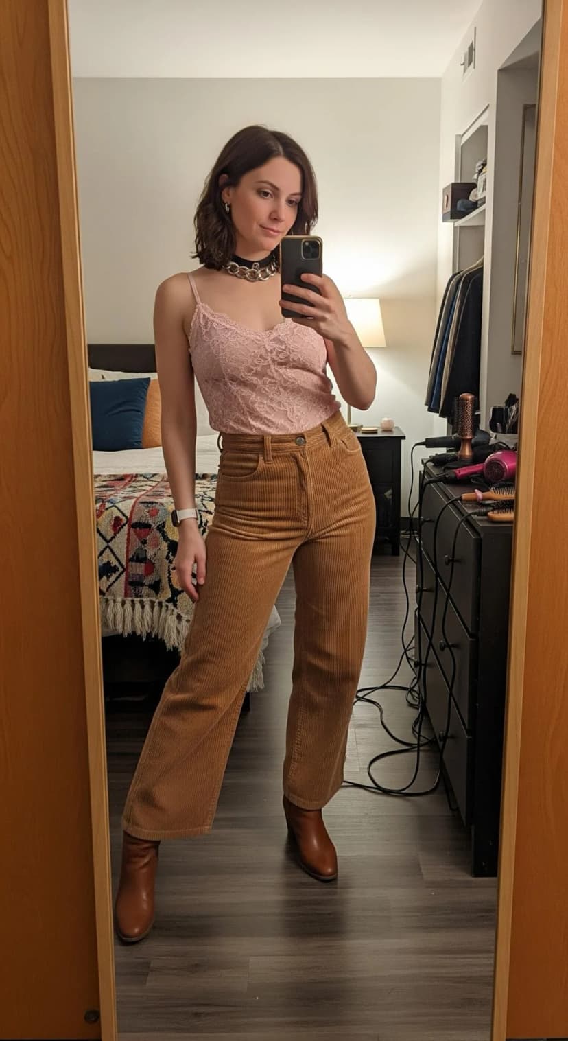 Rose Lace Bodysuit + Tan Corduroy Trousers + Brown Heeled Boots
