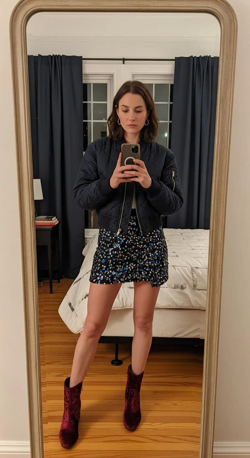 Navy Quilted Bomber Jacket + Black Sequin Mini Skirt + Burgundy Velvet Ankle Boots