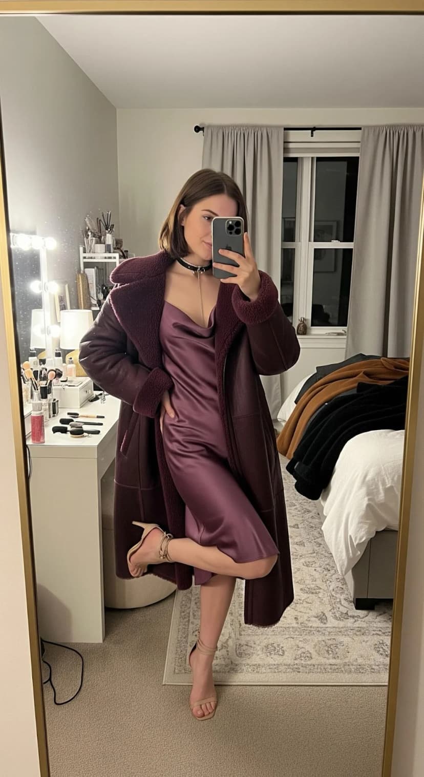 Plum Satin Slip Dress + Burgundy Shearling Coat + Beige Strappy Heels