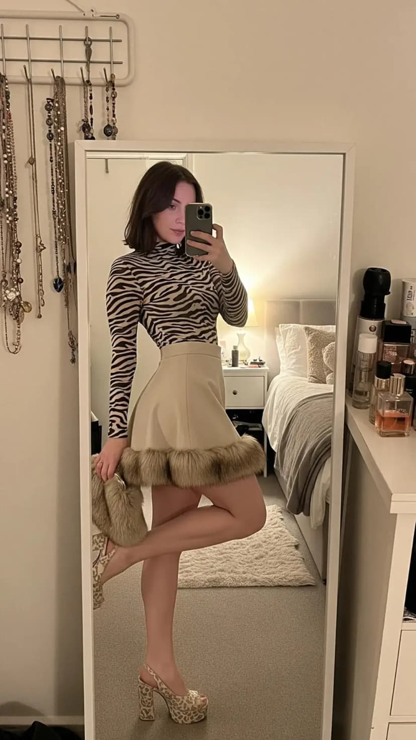 Zebra Print Bodysuit + Charcoal Flared Mini Skirt + Olive Platform Heels