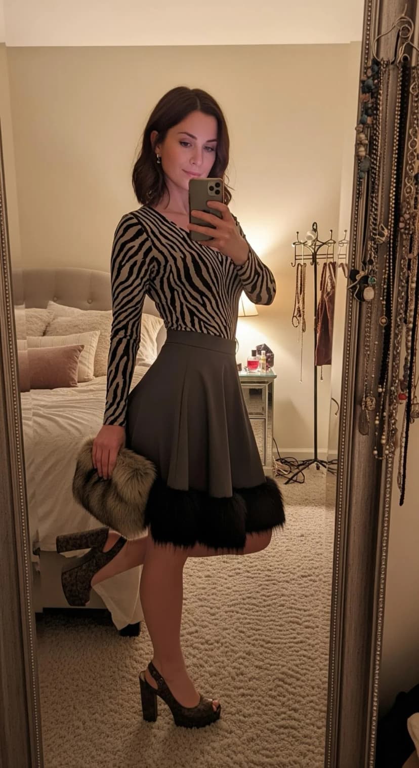 Zebra Print Bodysuit + Charcoal Flared Mini Skirt + Olive Platform Heels