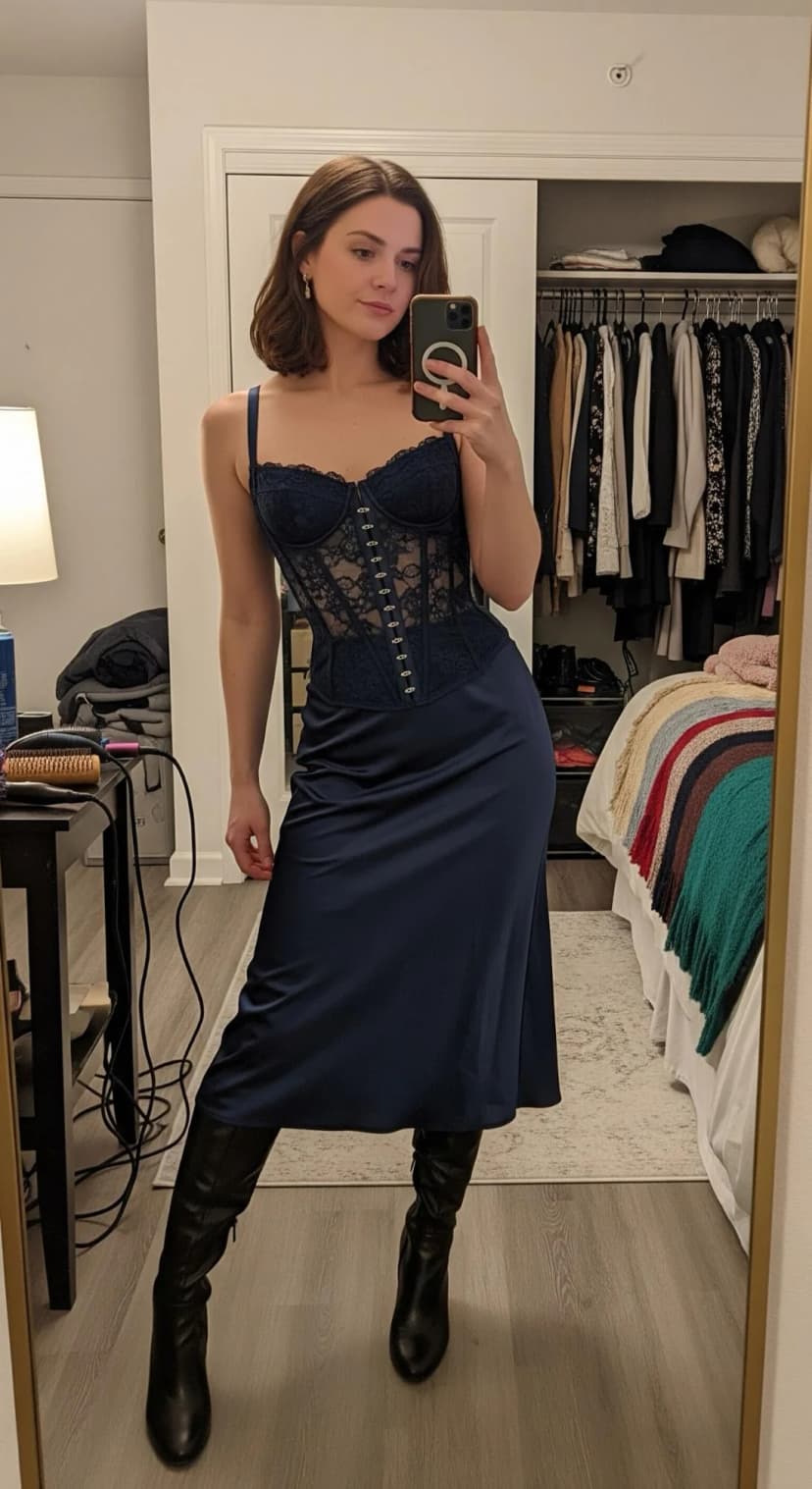 Navy Lace Corset + Navy Satin Slip Dress + Black Leather Boots