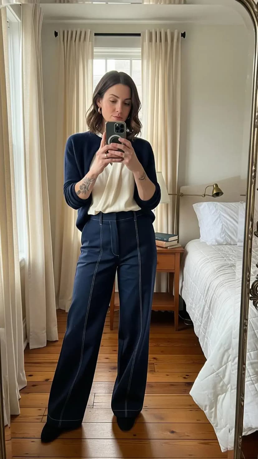 Cream Satin Wrap Top + Navy Wide-Leg Trousers + Grey Knit Cardigan