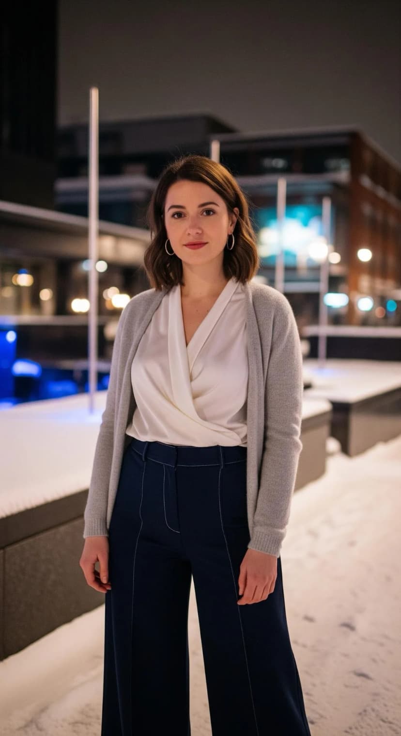 Cream Satin Wrap Top + Navy Wide-Leg Trousers + Grey Knit Cardigan