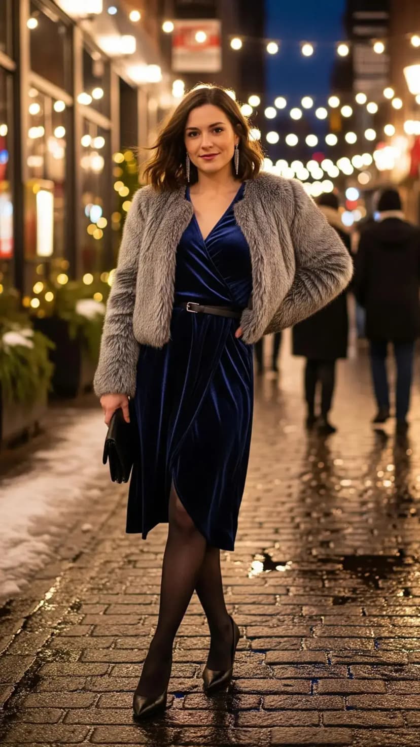 Velvet Blue Wrap Dress + Grey Faux Fur Jacket + Black Heels