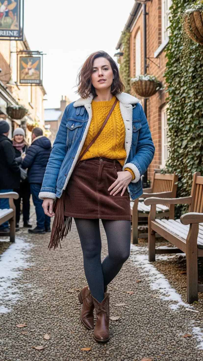 Mustard Cable Knit Sweater + Brown Corduroy Mini Skirt + Shearling Denim Jacket + Black Tights + Western Boots + Fringe Bag