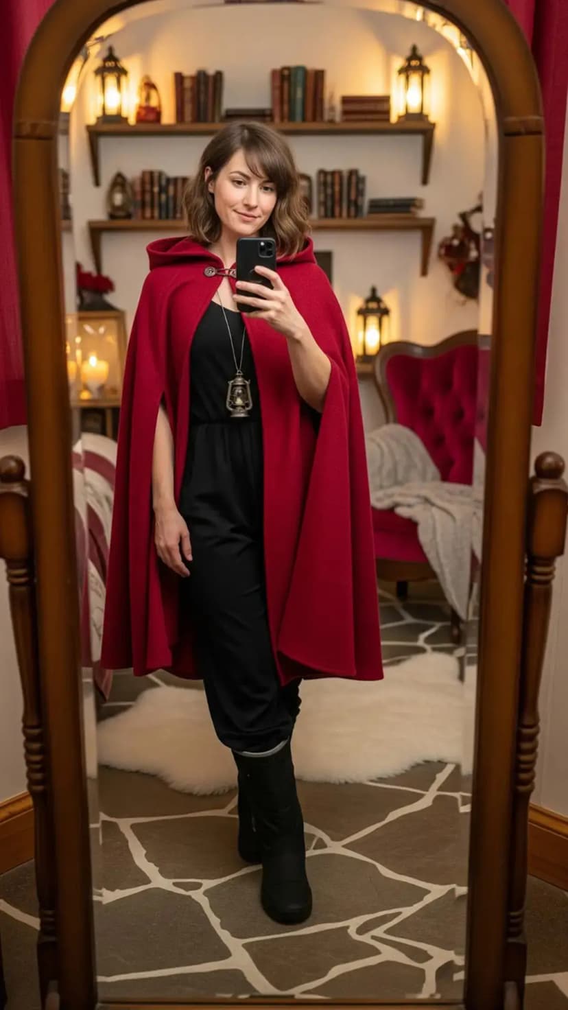 Black Jumpsuit + Red Cape + Lantern Pendant + Black Boots