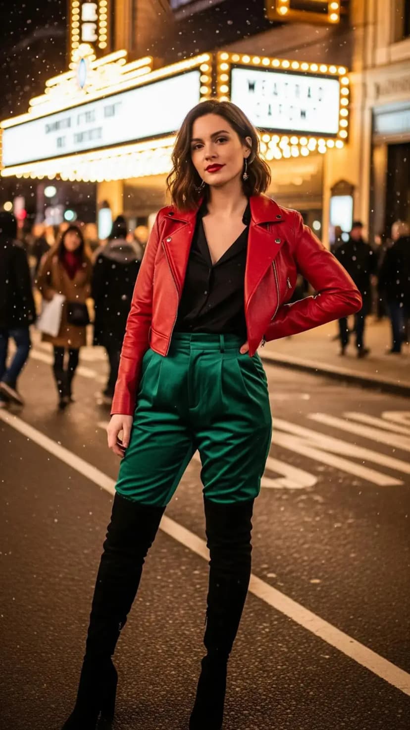 Red Leather Jacket + Black Blouse + Green Satin Pants + Black Over-the-knee Boots