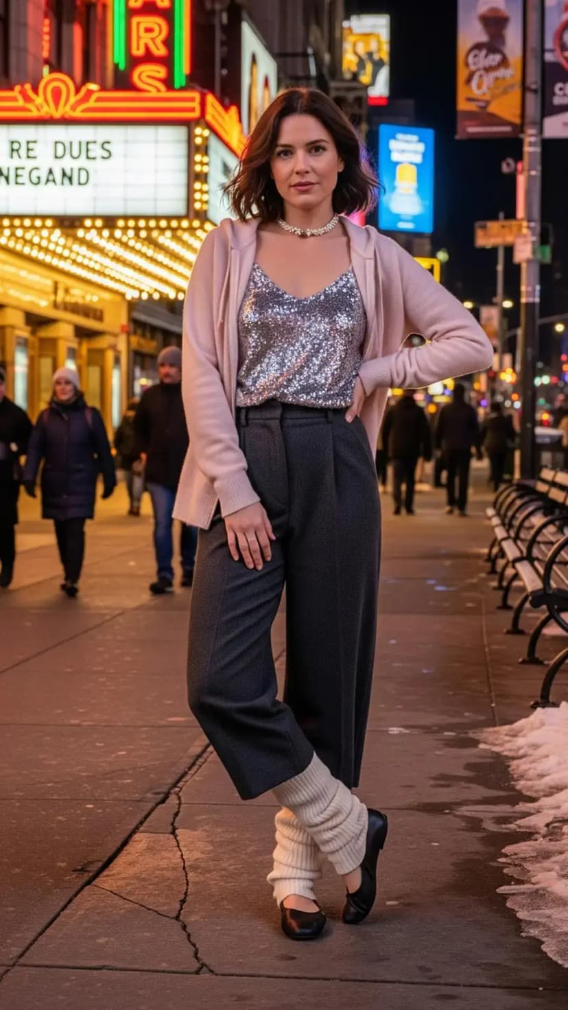 Sequin Cami Top + Pink Cardigan + Grey High-waist Pants + White Leg Warmers + Black Flats