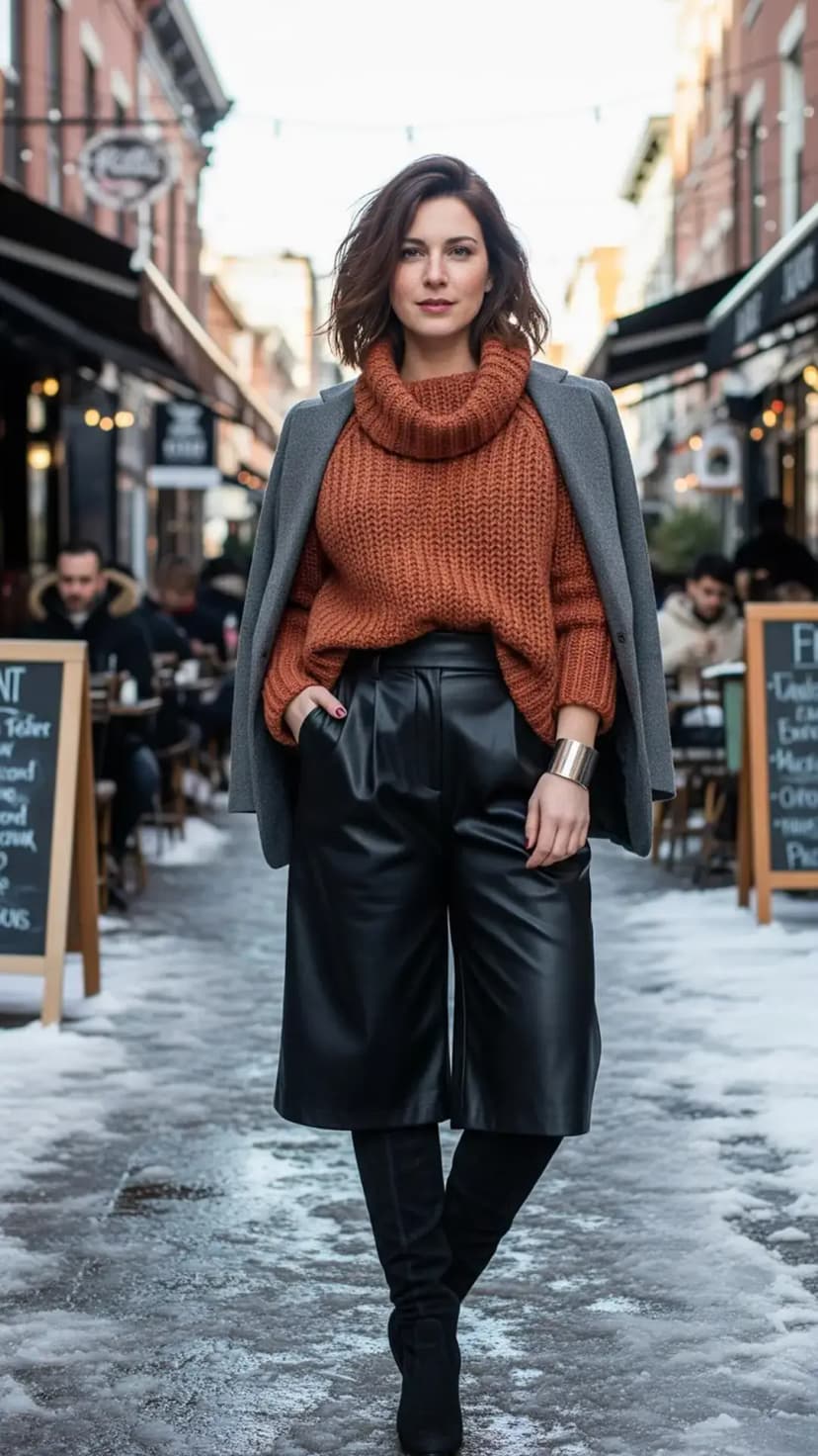 Orange Chunky Knit Sweater + Grey Coat + Black Faux Leather Culottes + Black Over-Knee Boots + Wide Cuff Bracelet