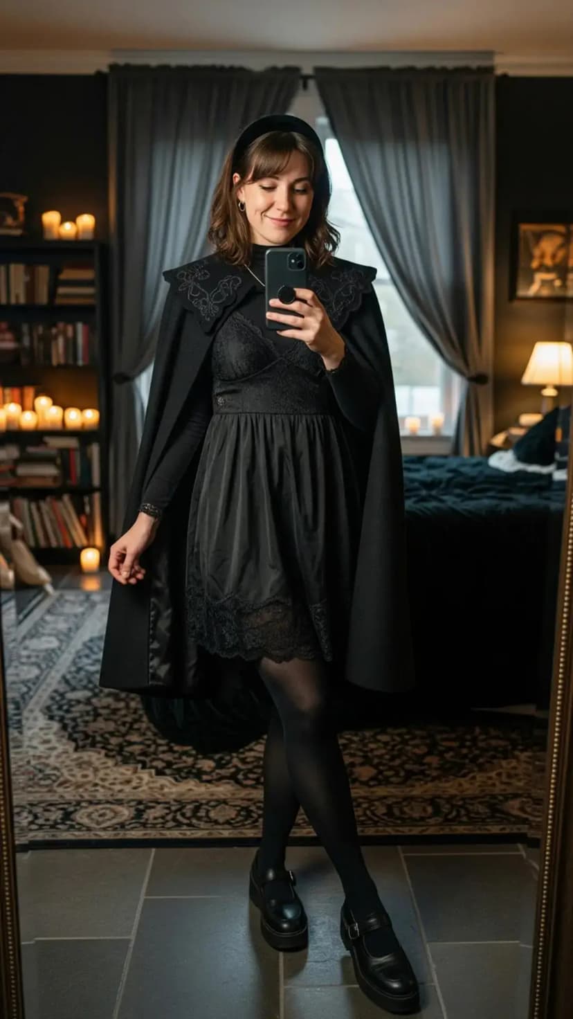 Black Lace Dress + Embroidered Cape + Black Tights + Platform Loafers + Velvet Headband
