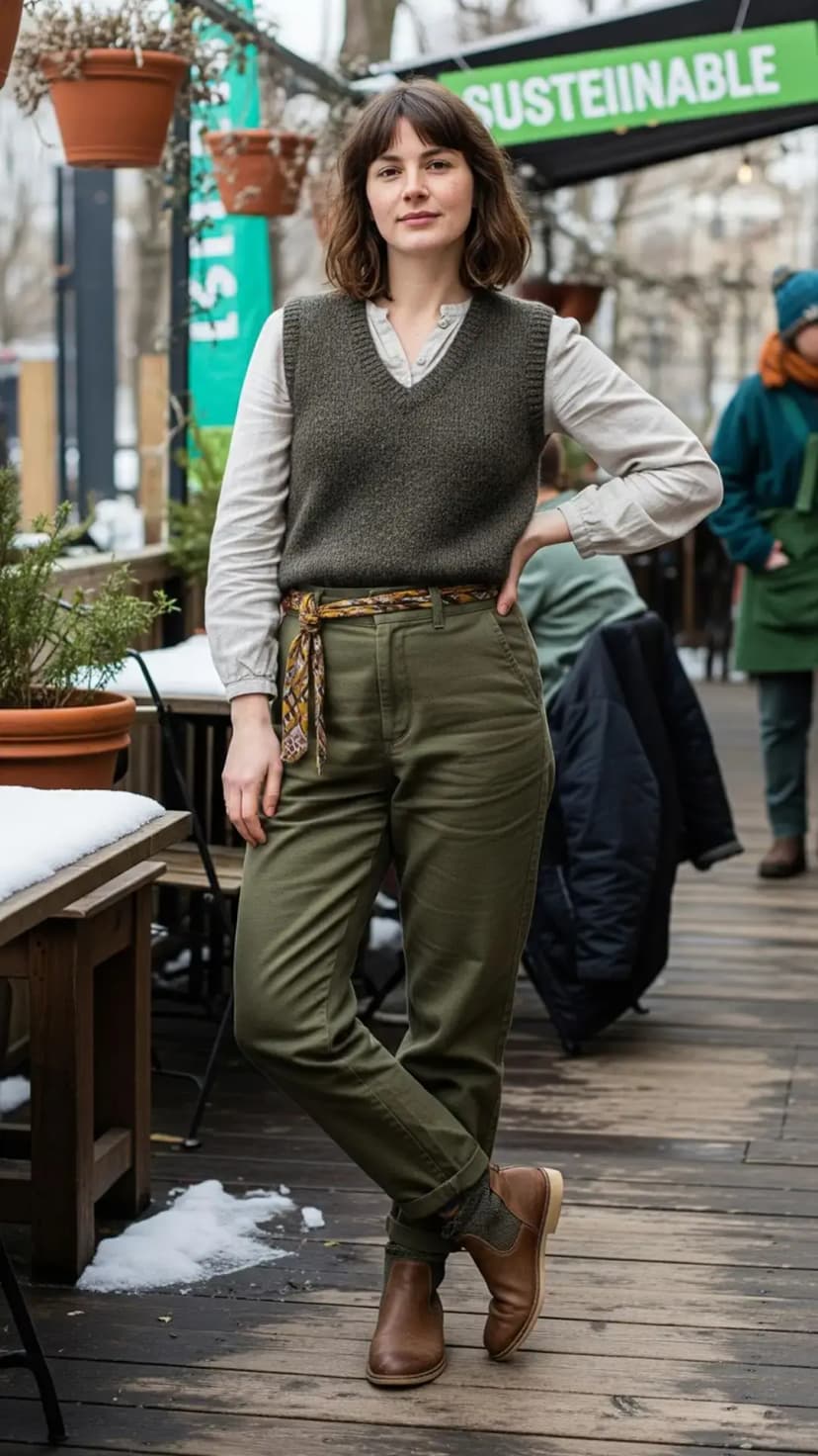 Green Trousers + Beige Henley Top + Olive Knit Vest + Brown Ankle Boots + Printed Scarf Belt