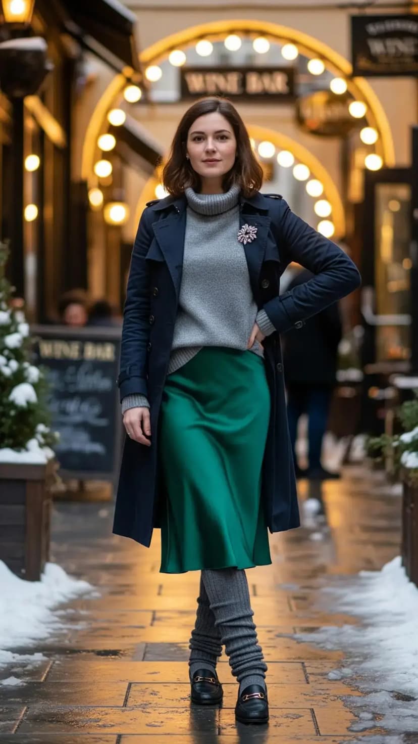 Grey Turtleneck Sweater + Green Satin Midi Skirt + Navy Longline Coat + Grey Leg Warmers + Black Loafers + Brooch