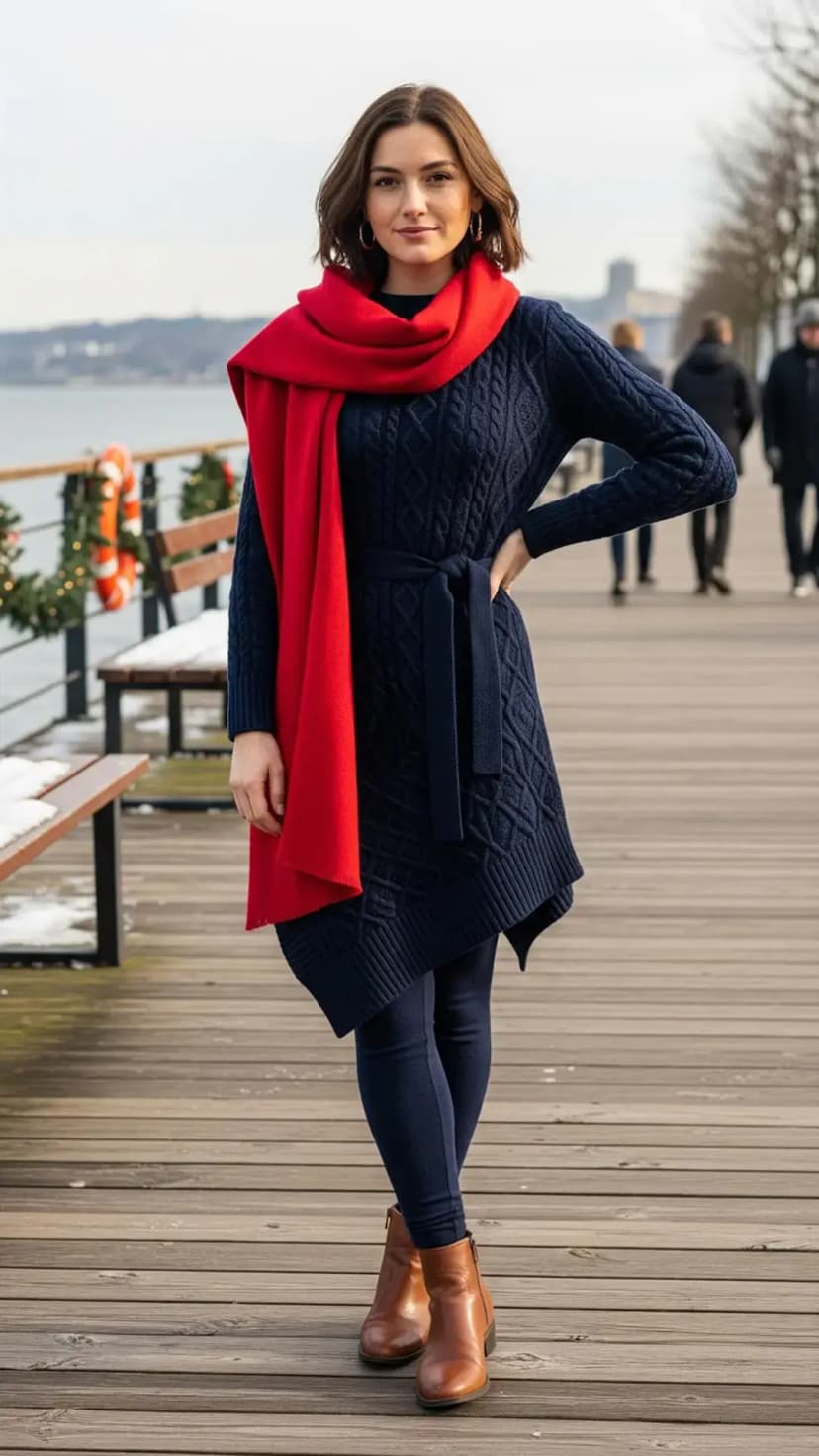 Navy Cable Knit Sweater Dress + Navy Leggings + Brown Ankle Boots