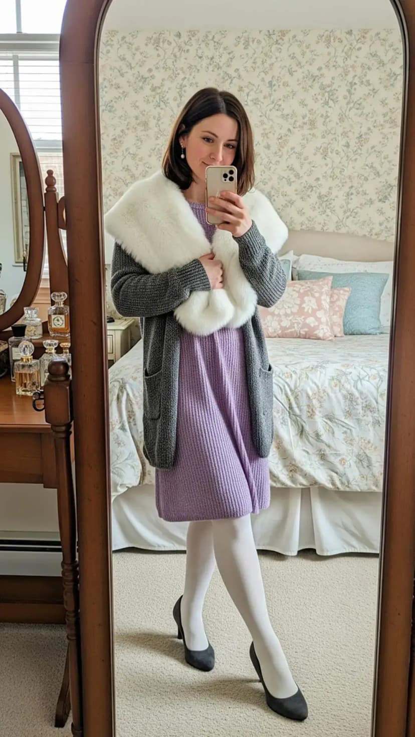 Lavender Knit Dress + Grey Cardigan + Faux Fur Shawl + White Tights + Black Heels