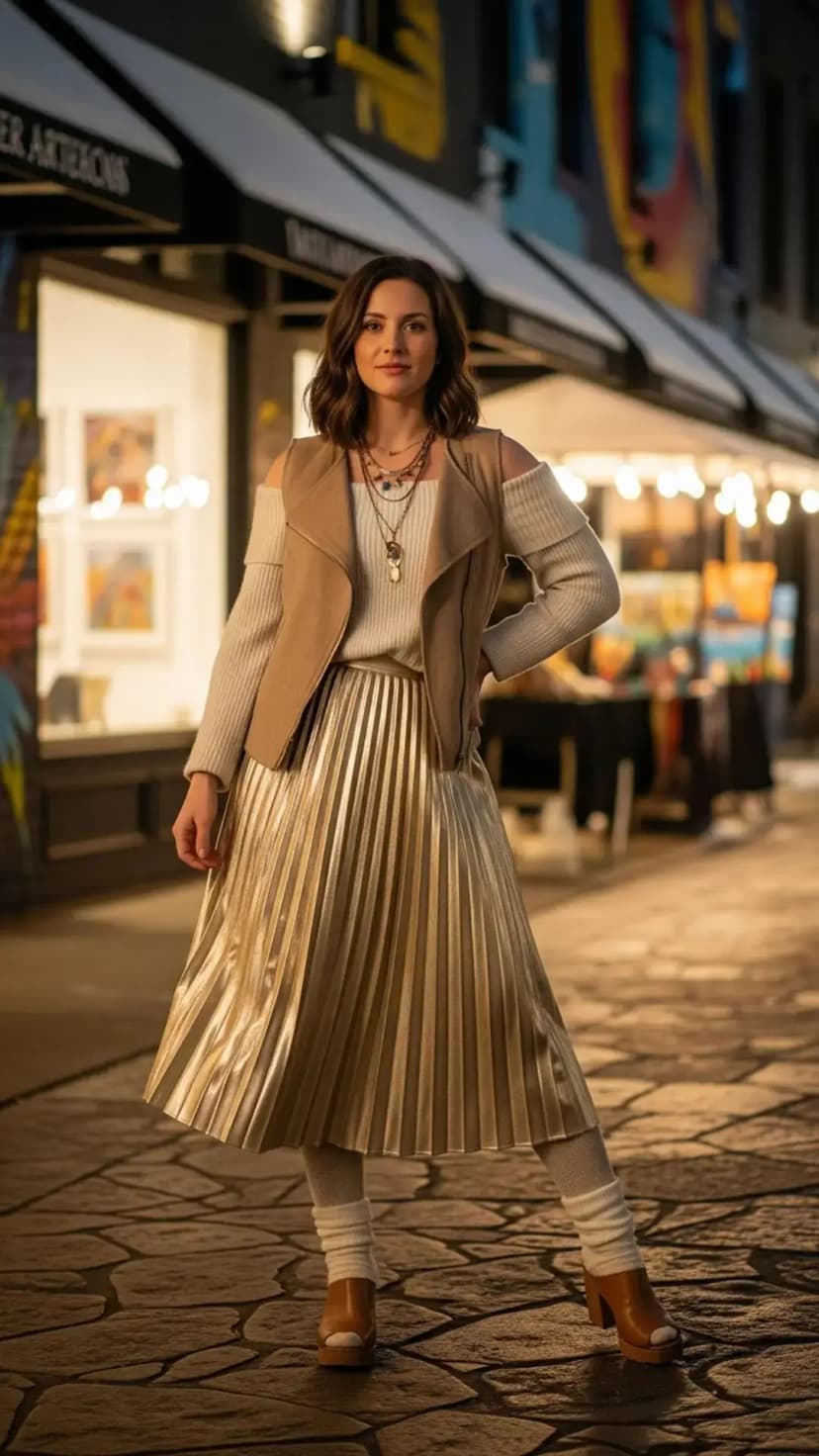 White Cold Shoulder Sweater + Gold Pleated Skirt + Tan Sleeveless Jacket + Layered Necklaces + Tan Heels