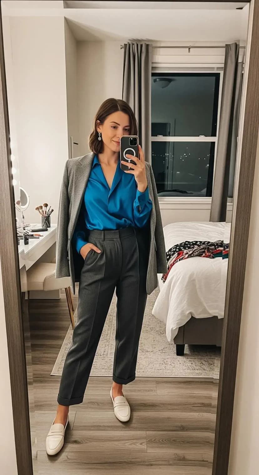 Cobalt Blue Satin Blouse + Grey Tailored Trousers + Long Coat + Cream Loafers