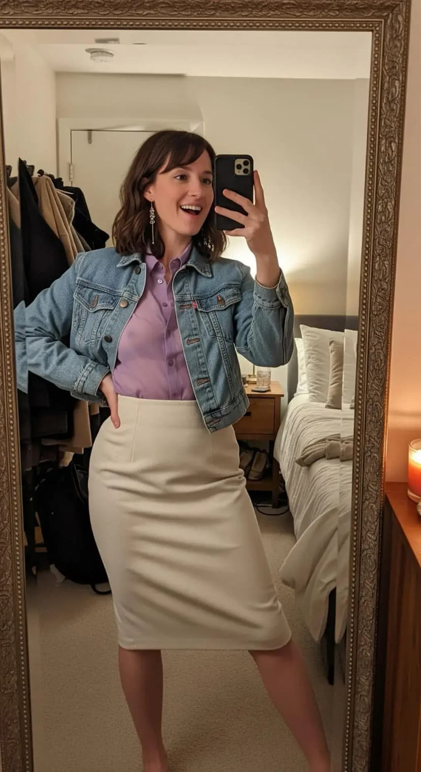 Lavender Satin Shirt + Cream Pencil Skirt + Denim Jacket