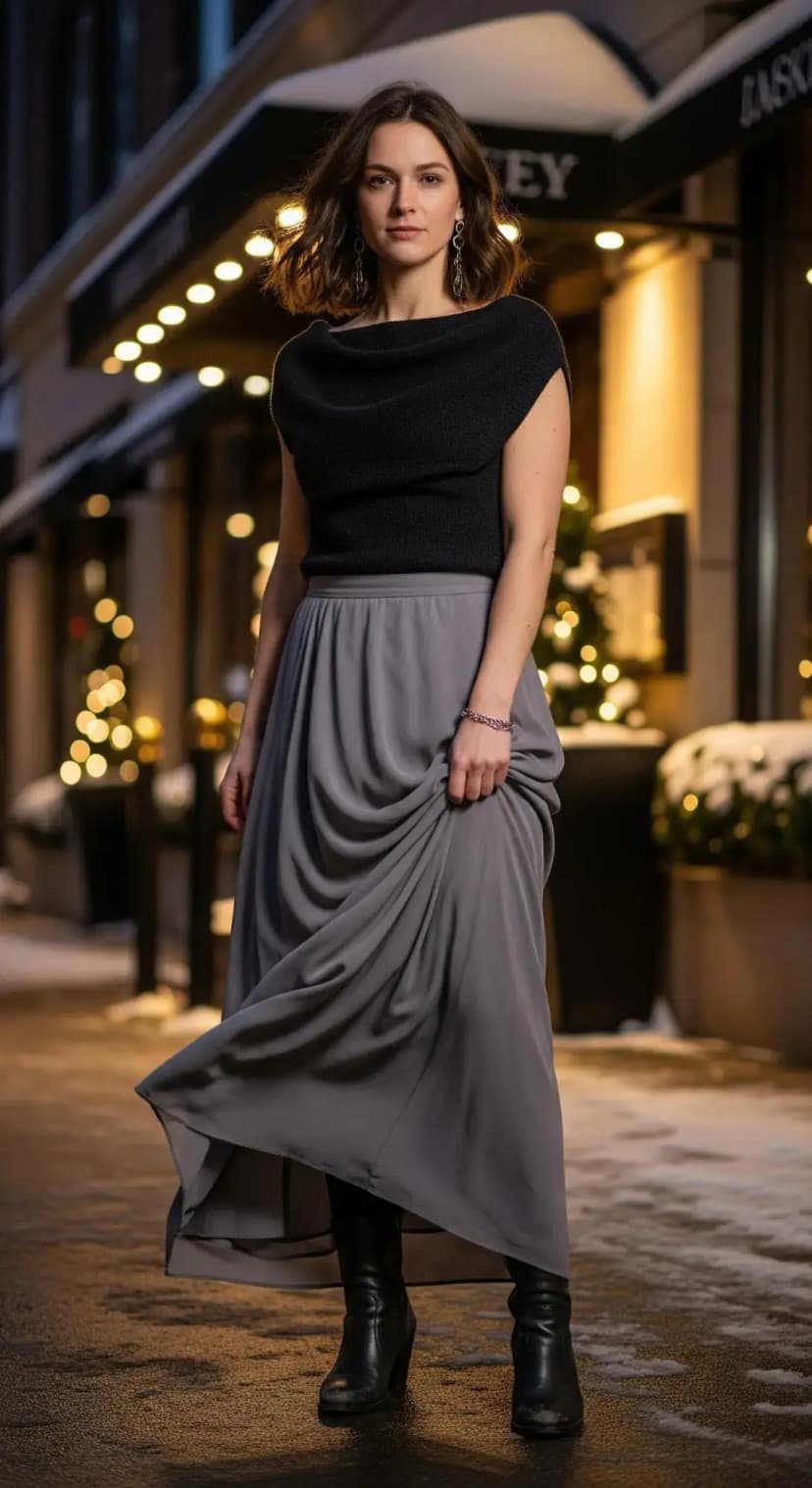 Black Cowl Neck Top + Grey Flowy Maxi Skirt + Black Boots