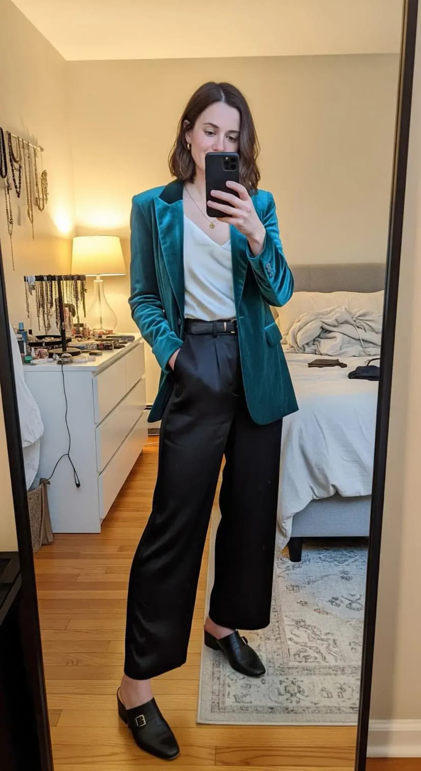 Emerald Velvet Blazer + White Camisole + Black Wide-Leg Trousers + Loafers