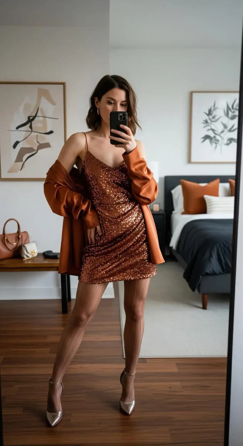Bronze Sequin Mini Dress + Rust Blazer + Nude Seamed Tights + Nude Heels