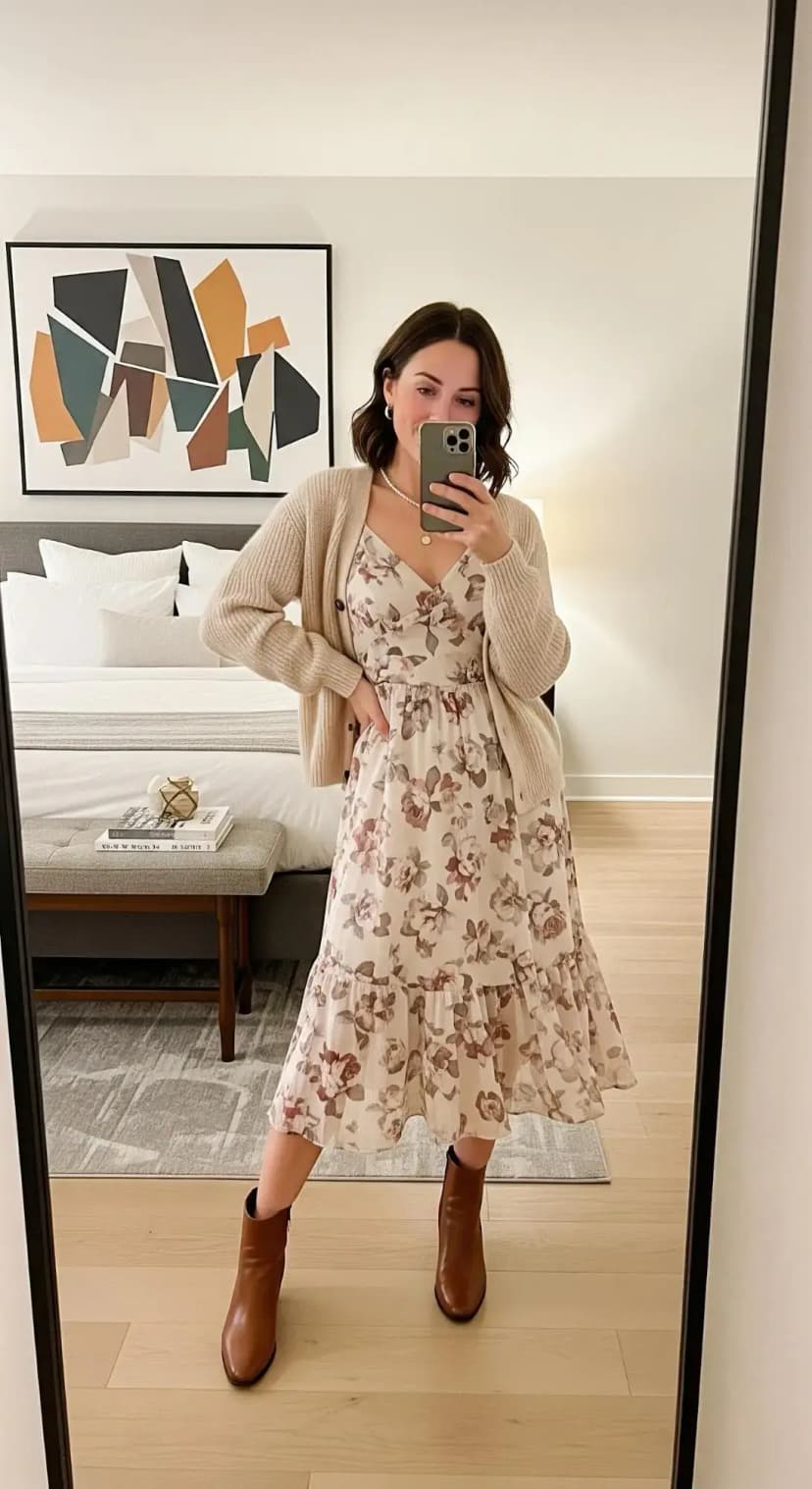 Cream Floral Midi Dress + Beige Chunky Cardigan + Brown Ankle Boots
