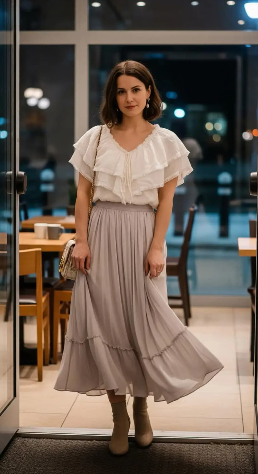 White Ruffle Tiered Blouse + Dusty Mauve Pleated Midi Skirt + Tan Ankle Boots + Quilted Crossbody