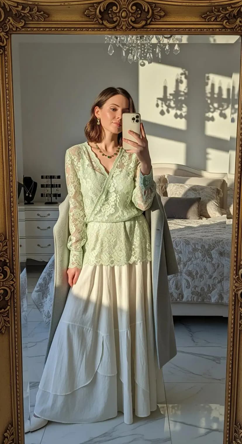 Mint Lace Wrap Blouse + White Tiered Maxi Skirt + Camel Coat Drape